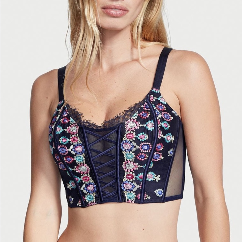 NWT Victoria’s Secret Unlined Lace-Up Corset Top Noir Navy Bejeweled - Picture 1 of 8